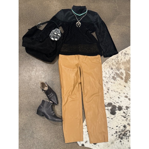 Cecilie Copenhagen Tops - Cecilie Copenhagen Black Velvet Textured Top Mock Neck Long Sleeve Blouse